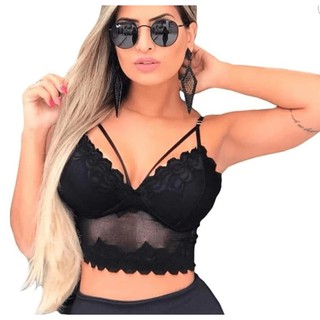 Cropped Strappy com Tiras Dupla Top feminino em renda com Bojo