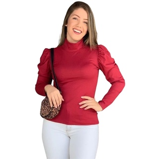 Blusa Manga Longa Bufante Gola Alta Blusinha Feminina Princesa Malha Canelada