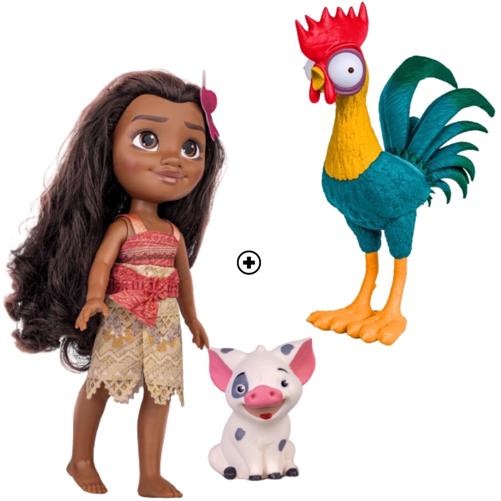 Kit MOANA + PUÁ + GALO HEI HEI Personagens Licenciados e Originais Boneca Princesa MOANA Com Braços e Pernas Articulados + Porco PUA + Galo HEI HEI Todos Em Vinil Brinquedos COTIPLÁS