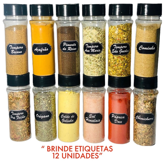 Kit com 12 Potes para Temperos com tampa - COM TEMPEROS DE 50G CADA