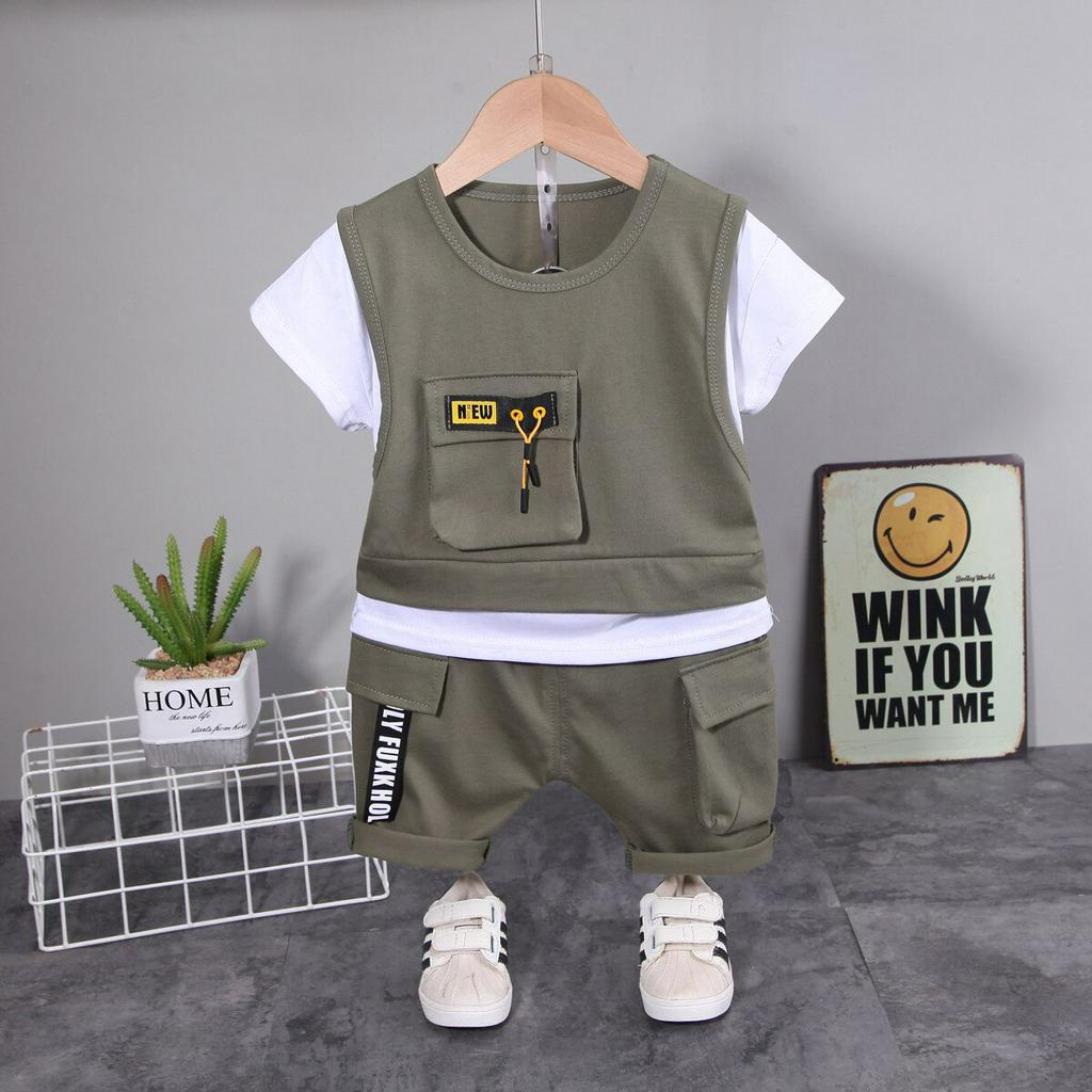 Summer Toddler Baby Boys Roupas Esportivas Conjuntos De Infantis Meninas Falsas Duas Camisetas + Calções Sólidos2 Peças Casuais Kids Clothing