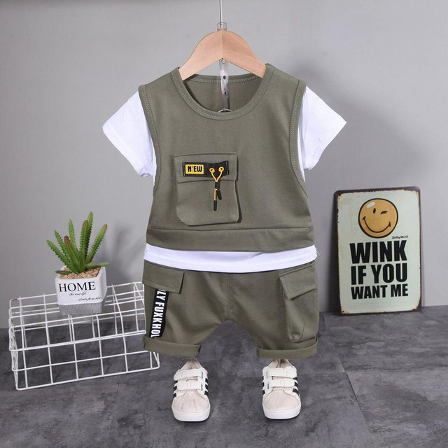 Summer Toddler Baby Boys Roupas Esportivas Conjuntos De Infantis Meninas Falsas Duas Camisetas + Calções Sólidos2 Peças Casuais Kids Clothing
