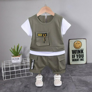 Summer Toddler Baby Boys Roupas Esportivas Conjuntos De Infantis Meninas Falsas Duas Camisetas + Calções Sólidos2 Peças Casuais Kids Clothing