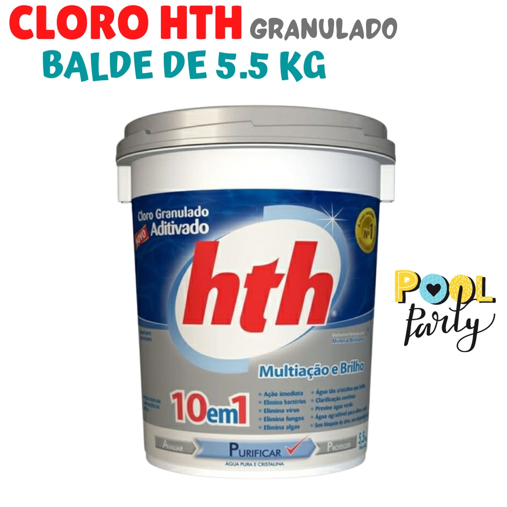 Cloro para piscinas Hth, 10 Kg e 5.5Kg com nova fórmula 10 em 1, multiação e brilho