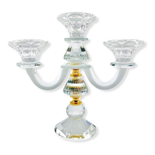 Castiçal Candelabro Vidro Cristal Porta Vela Anel Dourado