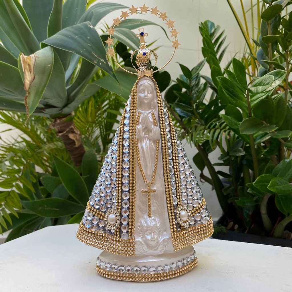 Imagem Nossa Senhora Aparecida 30cm Perola / Chaton/ Pedrinha Centro Branca Gesso Com Coroa Resplendor Folheada