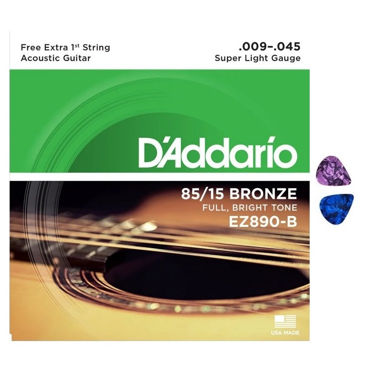 Encordoamento Aço Violão .009 D'addário 85/15 Bronze EZ890 Daddario + 2 Palhetas
