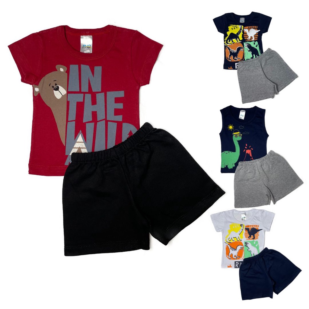 Kit 8 Peças Conjunto Bebê Masculino Camiseta + Bermuda Moletinho Infantil Verão Manga Curta Calor Menino Regata