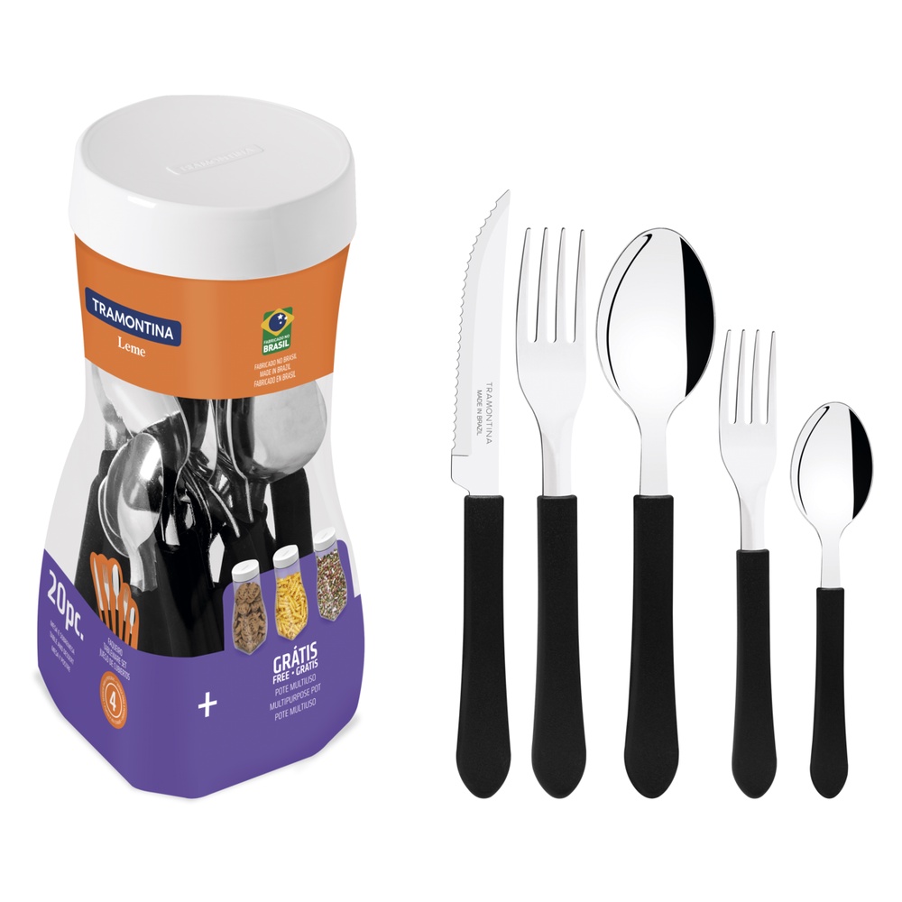 Faqueiro Tramontina Leme com Laminas em Aço Inox e Cabos de Polipropileno Preto 20 Peças