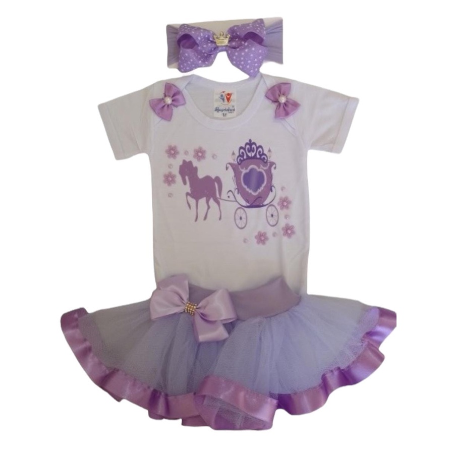 Conjunto Princesa Bebê Menina Festa Mesversário Roupa Infantil Criança C/ Body + Saia Tutu + Laço