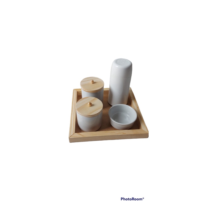 Kit Higiene Bebe Porcelana Menino Menina Maternidade Potes molhadeira Garrafinha Bandeja madeira