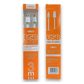 Cabo Carregador 3 metros Micro Usb V8 Lightining Type-C Kaidi 330M 330A 330C Turbo Reforçado