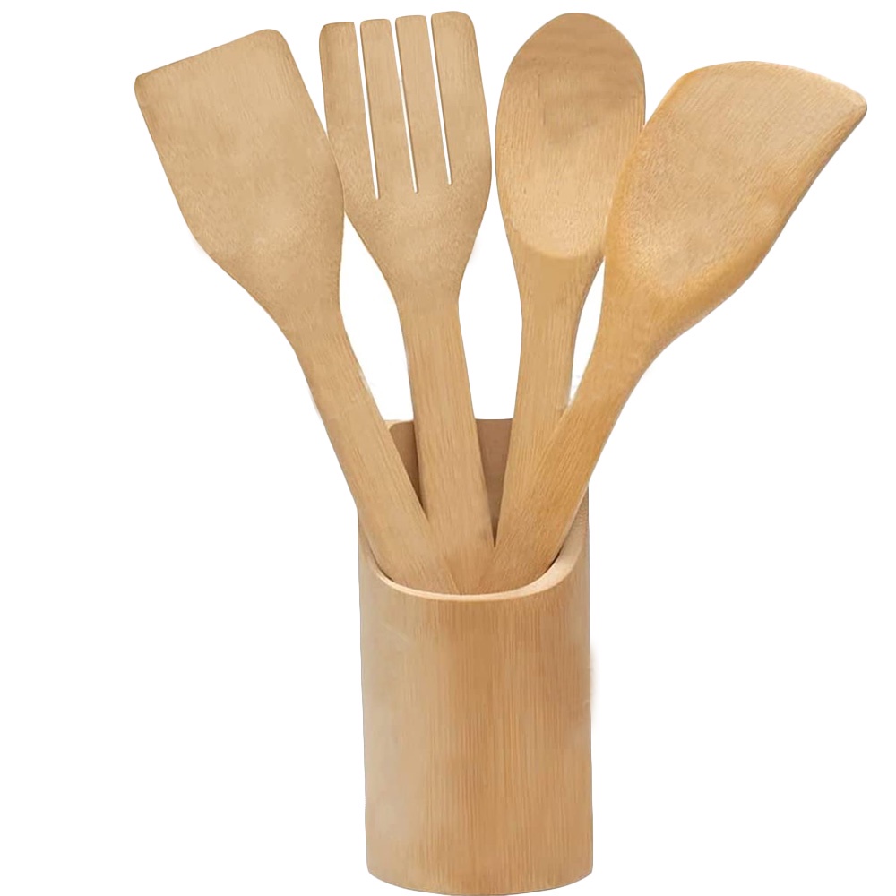 Conjunto Utensílios Madeira Bambu Espátula Colher Cozinha Culinária Porta Talheres Servir Preparar em Oferta na Shopee