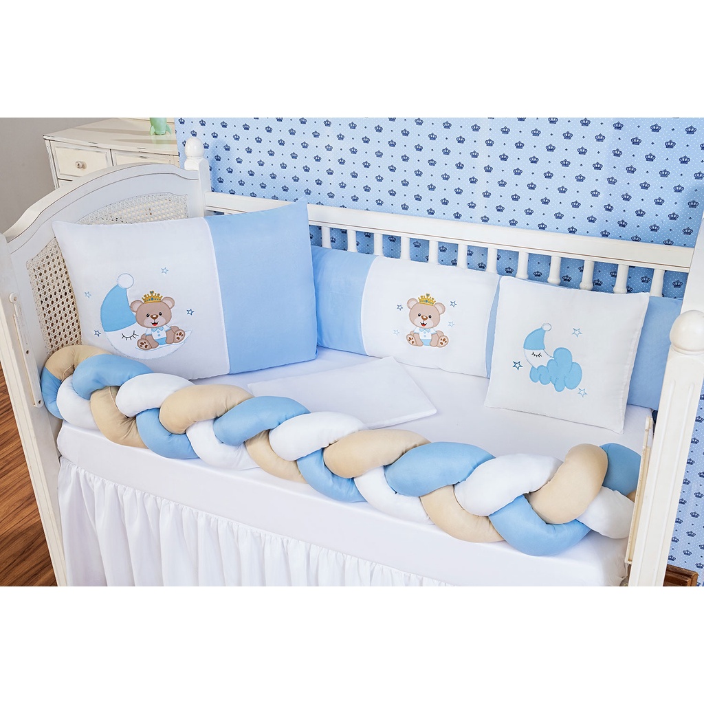Kit Berço Urso Lua Azul Claro Menino Americano Com Lençol e Naninha 7 Peças Baby REI DO KIT BERÇO ESPECIAL
