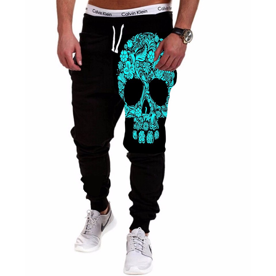 Calça Masculina de Moletom Estampada por Sublimação Caveira Flores Verde-água A189