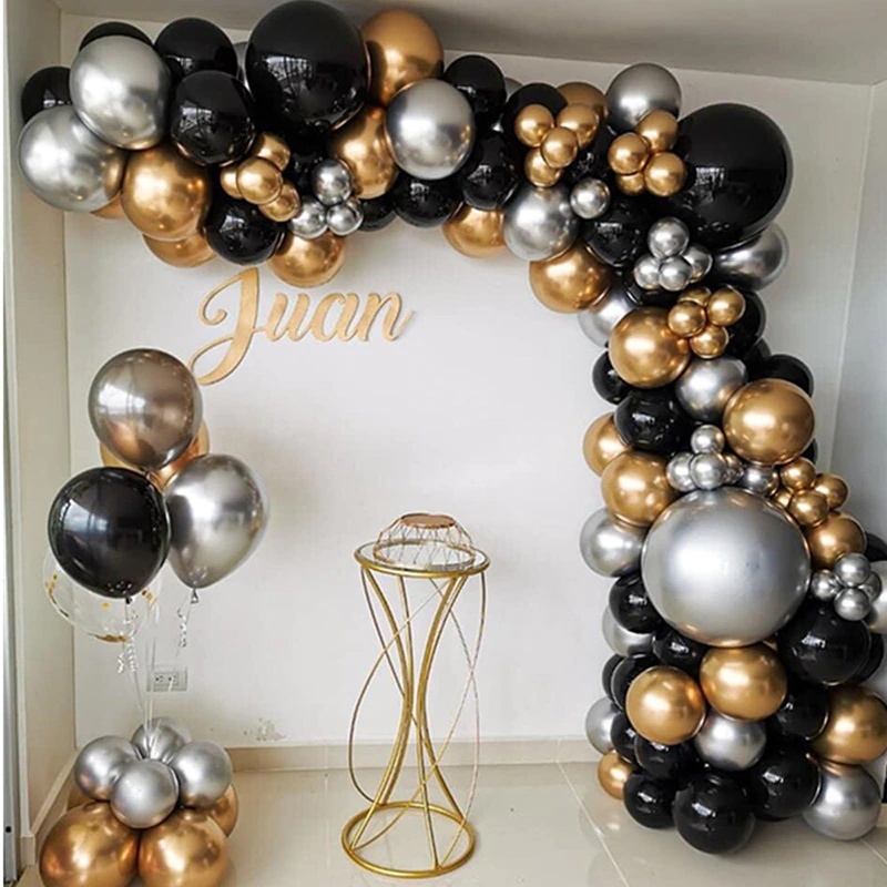 Kit 150 Balões Preto Nº7 + Prata/Dourado Nº5 Metalizado Cromado - Balão Bexiga Para Festas e Aniversários