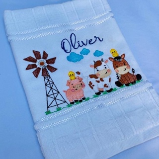 Toalha Bordada Personalizada Fazenda Cata-vento Porquinho Vaquinha Cavalinho com Nome em Oferta na Shopee