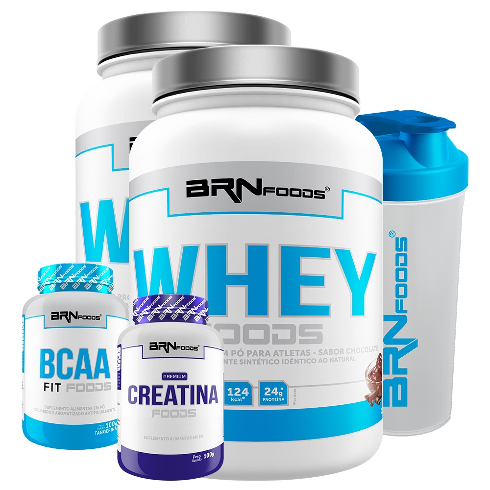 Kit 2x Whey Foods 900g Chocolate + BCAA 200 Cápsulas + Creatine Foods 100g + Shaker – BRNFOODS