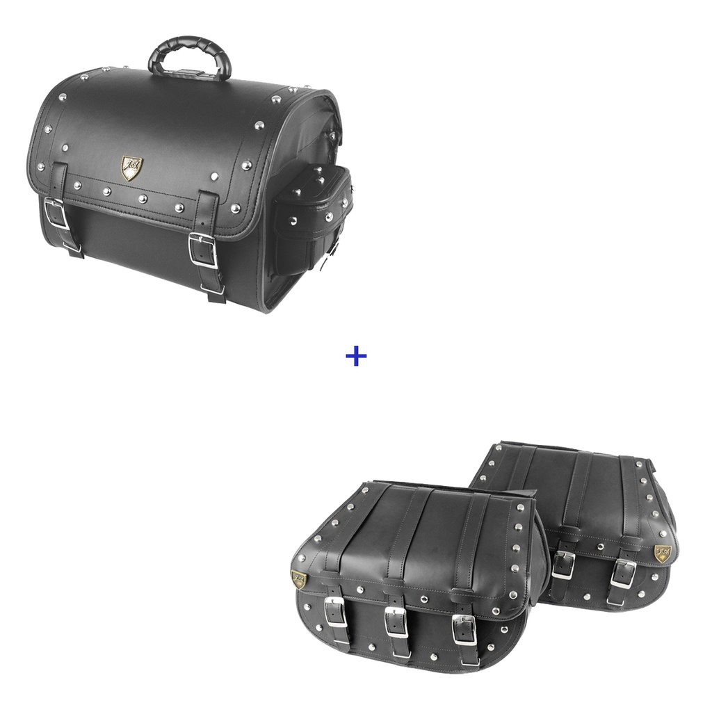 Kit Viagem Alforge Traseiro 35 Litros Couro Sintético C/ Cravos + Alforge Lateral 3F 25 Litros Couro Sintético C/ Cravos