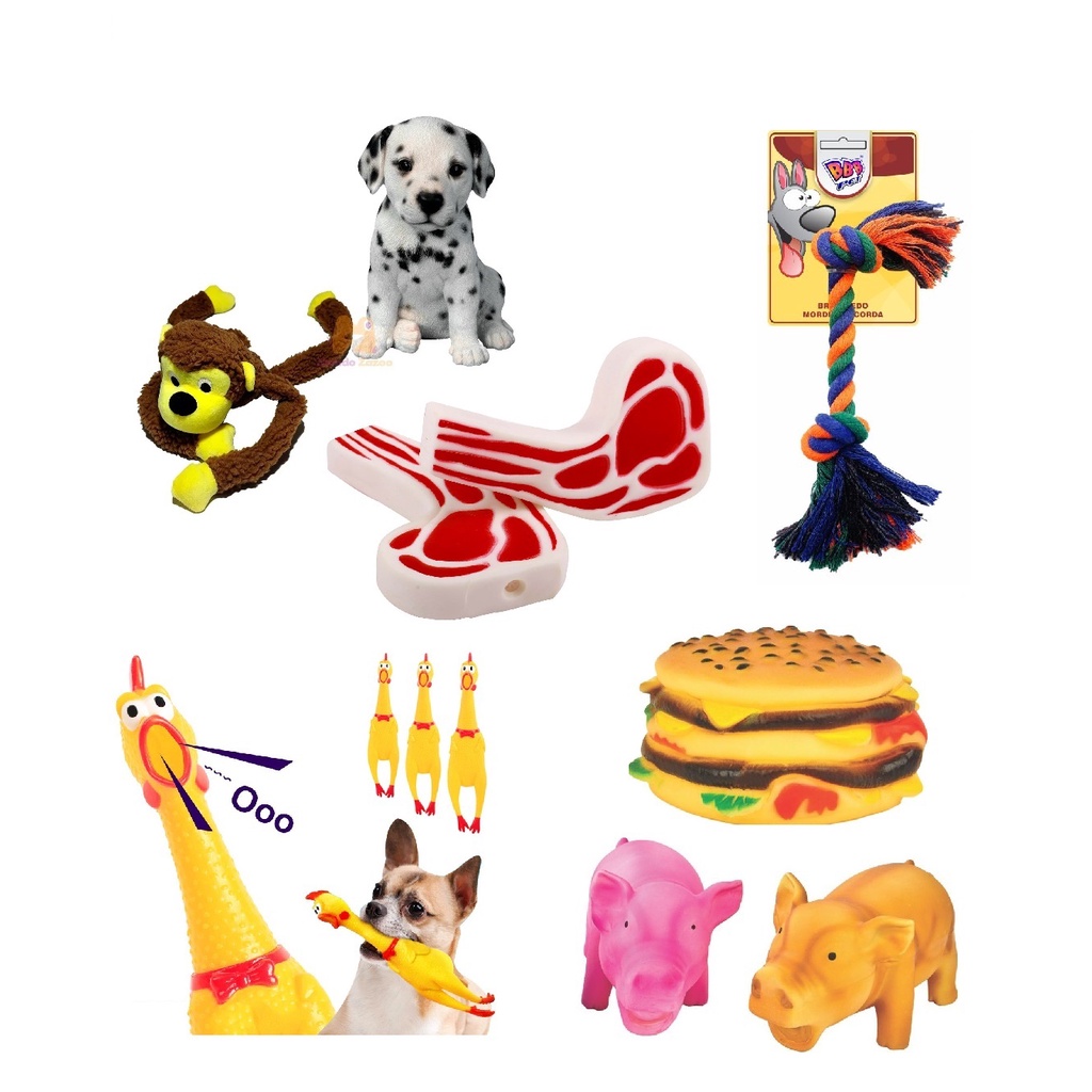 KIT Brinquedo para Cachorro Bife Filé Porco Galinha com apito Corda nó