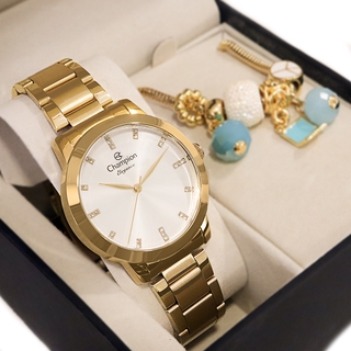 Relógio Champion Feminino Analógico Dourado + Pulseira Berloques Original À Prova D