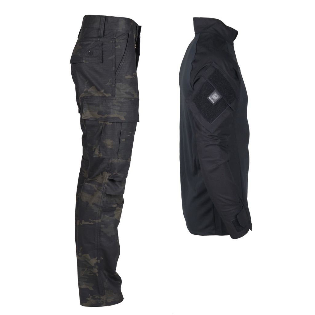 Farda Conjunto Fardamento (Calça Combat + Combat Shirt) - Camuflado Multicam Black e Preto