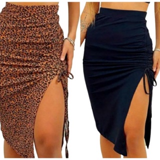 Saia feminina até o joelho com abertura na lateral poliéster chic confortável em Oferta na Shopee