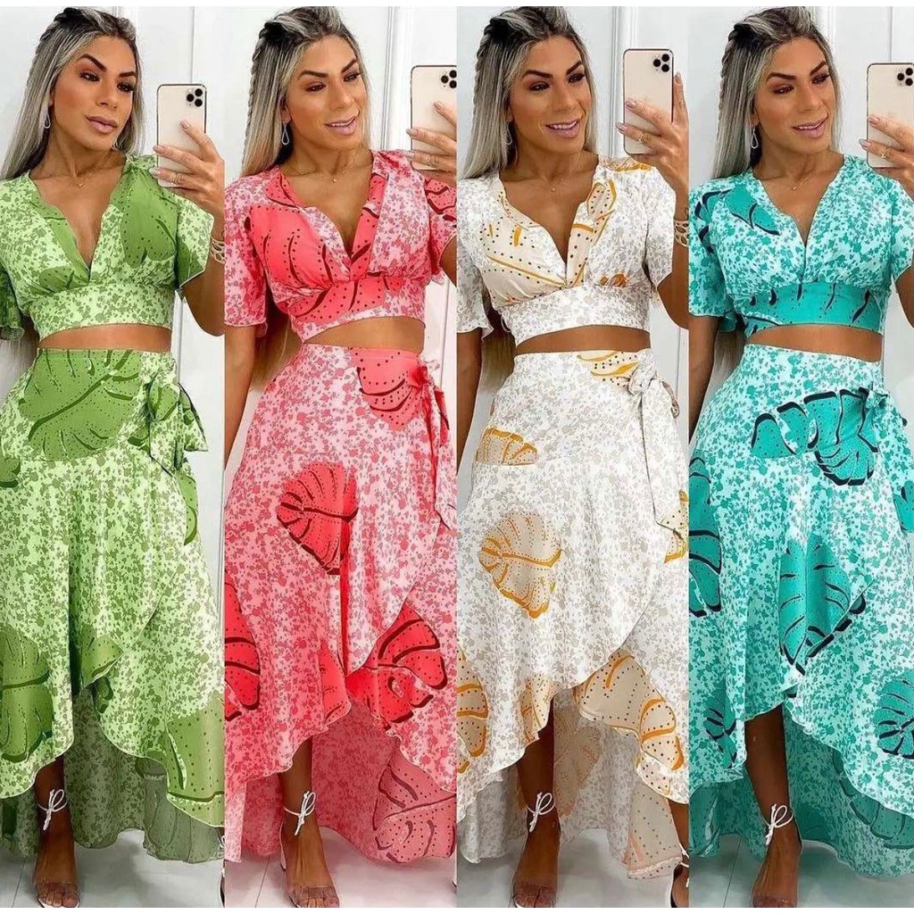 Conjunto de saia longa envelope e cropped com bojo | Shopee Brasil