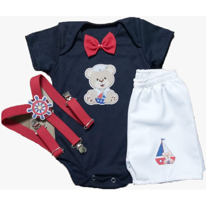 Conjunto Marinheiro Roupa Festa Bebê Menino Conjuntinho Urso Shorts + Body P M G Shorts Body e Suspensório