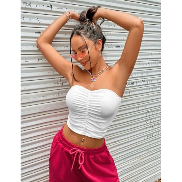 Top cropped tomara que caia franzido modelo blogueira de suplex.