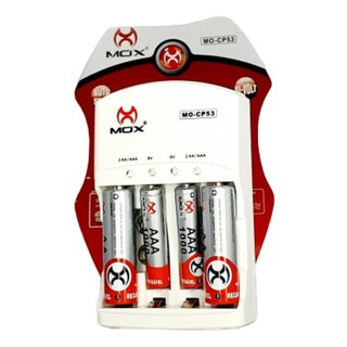 Carregador De Pilha Mox Mo-CP53 com 2 Pilhas AA 2600mAh e 2 Pilhas AAA 1000mAh Palito Recarregáveis e Led Inmetro Bivolt
