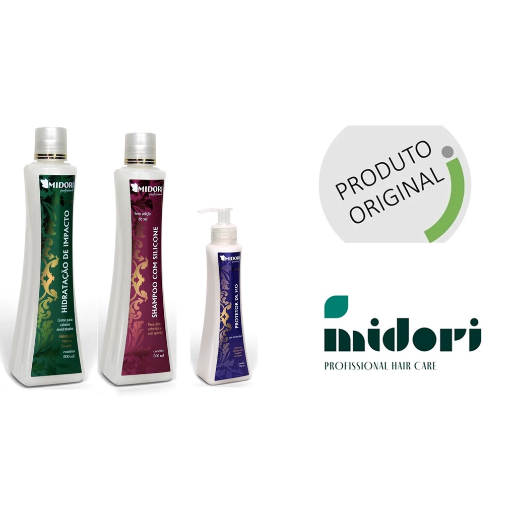 KIT MIDORI SHAMPOO COM SILICONE 500 ML +HIDRATAÇÃO DE IMPACTO 500 ML +  PROTETOR DE FIO 250 ML em Oferta na Shopee