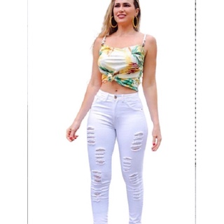 Calça Jeans Feminina Branca Rasgada Destroyed Tecido Grosso