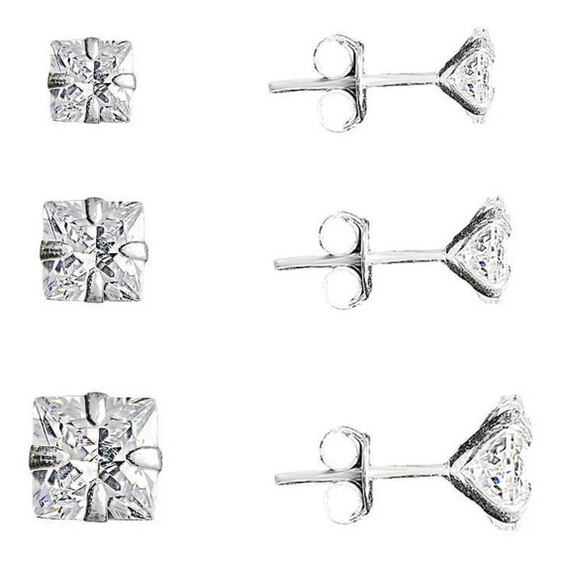 KIT Trio de Brincos prata 925 legítima ponto de luz QUADRADO 3/4/5mm em Oferta na Shopee