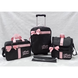 kit de bolsas de maternidade com mala de rodinha e mochila 2 em um preto com faixa rosa bebê2
