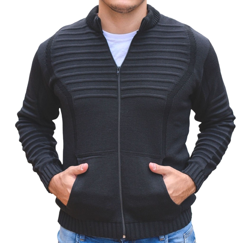 Sueter Masculino Cardigan Tricot Blusa De Frio Com Bolso e Ziper