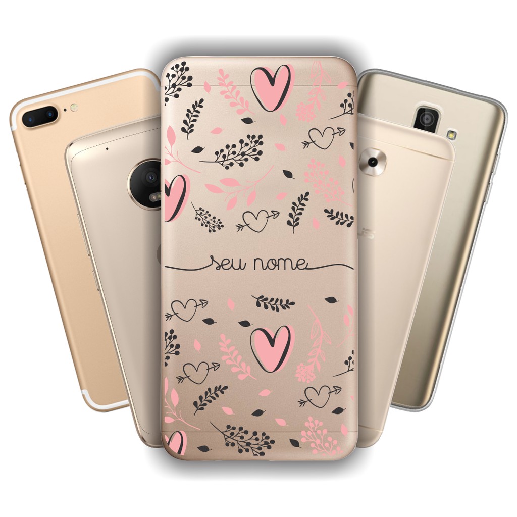 Capinha Anti Impacto Personalizada para Motorola  - Coração rose e flores com nome