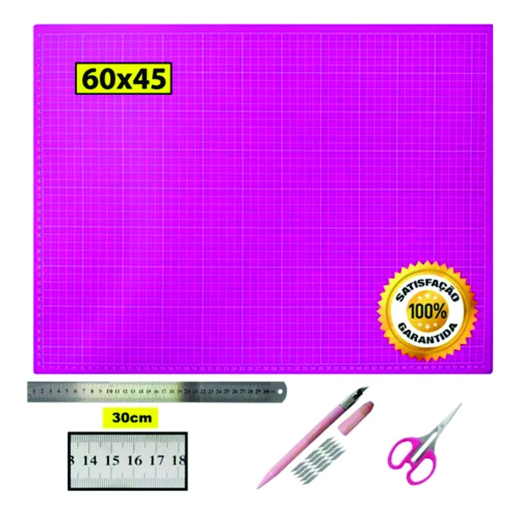Base Corte 60 Rosa Régua Inox 30cm Caneta Estilete Precisão