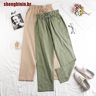 【 shengbinin 】 Women Calças Elásticas De Algodão Cintura Larga Longas