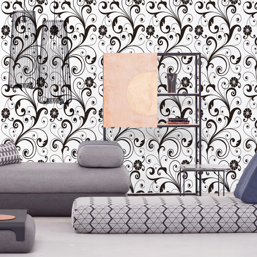 Papel de Parede Adesivo Arabesco Floras Espirais Branco E Preto 3mx50cm