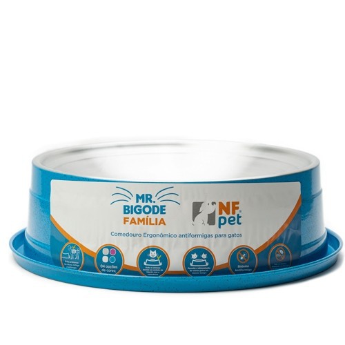 Comedouro Mr. Bigode Família Ergonômico Antiformigas Para Gatos 1.8 Litros Azul NF Pet
