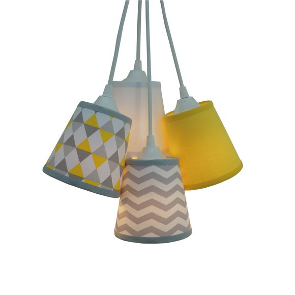 Lustre Pendente Luminária Cacho Zig Zag 4 Cúpulas Tecido Amarelo, Cinza e Branco
