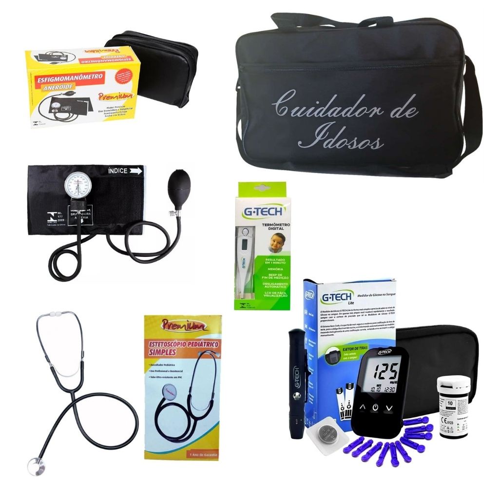 Kit cuidador de idosos com esfigmomanômetro estetoscópio simples e medidor de glicose G-tech inclusos