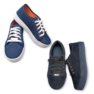 Tênis Feminino Casual Preto Camurça Jeans Azul Super Confortável Cano Baixo Estiloso