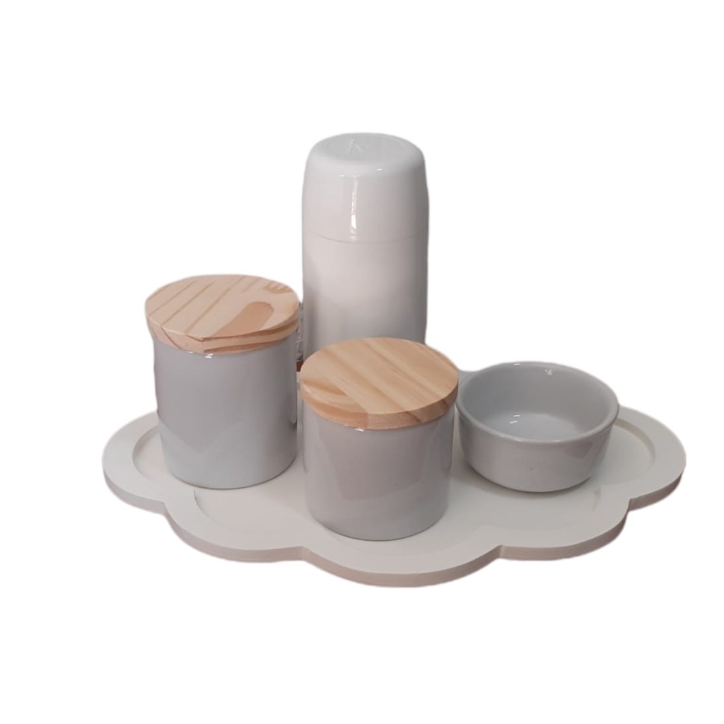 Kit Higiene Bebe Porcelana 5 peças tampa madeira bandeja Nuvem Branco maternidade menina menino porta algodão cotonete em Oferta na Shopee