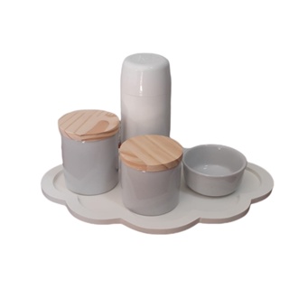 Kit Higiene Bebe Porcelana 5 peças tampa madeira bandeja Nuvem Branco maternidade menina menino porta algodão cotonete em Oferta na Shopee