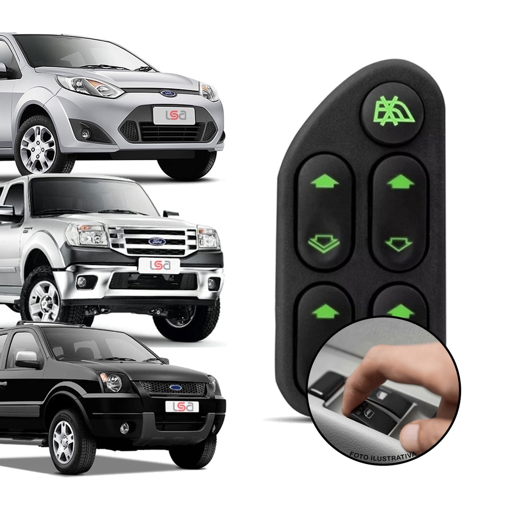 Botão Vidro Elétrico Interruptor Quadruplo Led Verde Dianteiro Esquerdo Ford Fiesta Ecosport Ranger