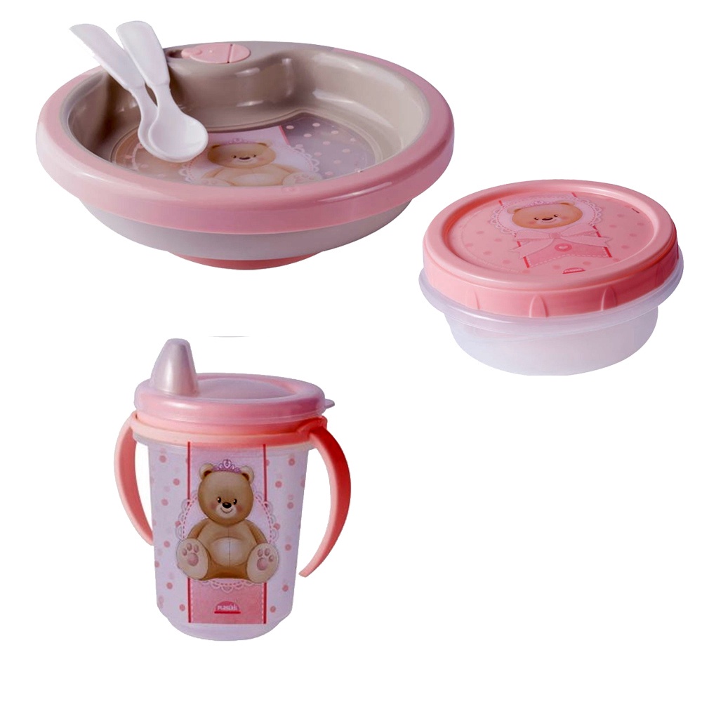 Kit Refeicao Alimentacao Infantil Bebe Prato Copo Pote Papinha Ursa Rosa
