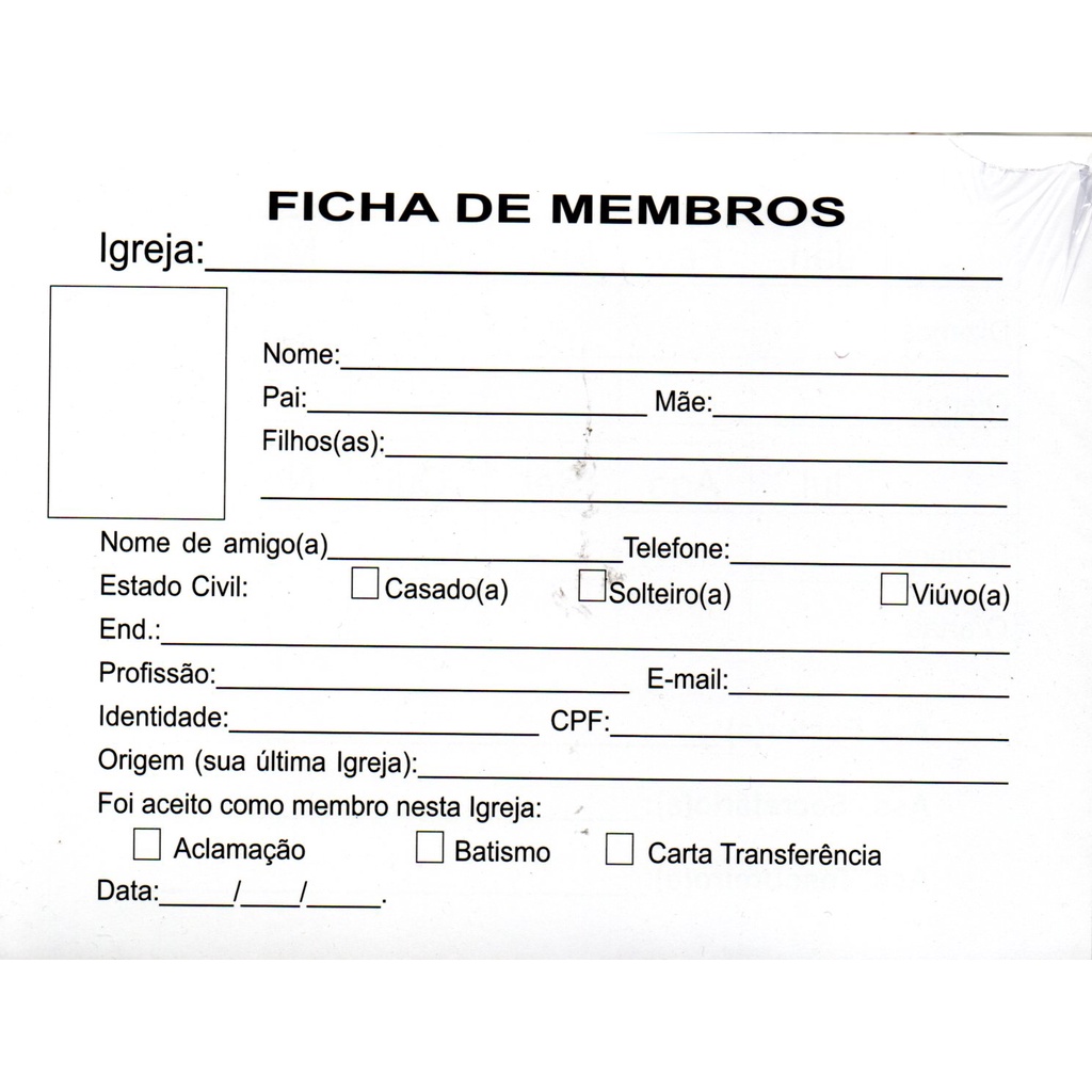 Ficha de Cadastro de Membros Igreja 50 UNIDADES