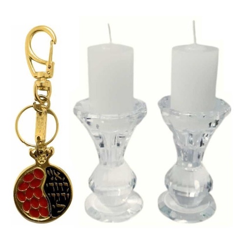 2 Castiçais Vidro Shabat + 2 Velas Kosher + Chaveiro Romã